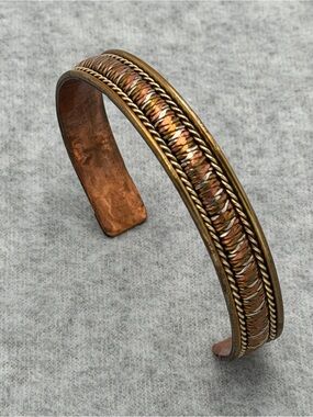 Boho Mixed Metal Cuff Bracelet Aum Symbol Copper Brass Silver Tone Open Bangle